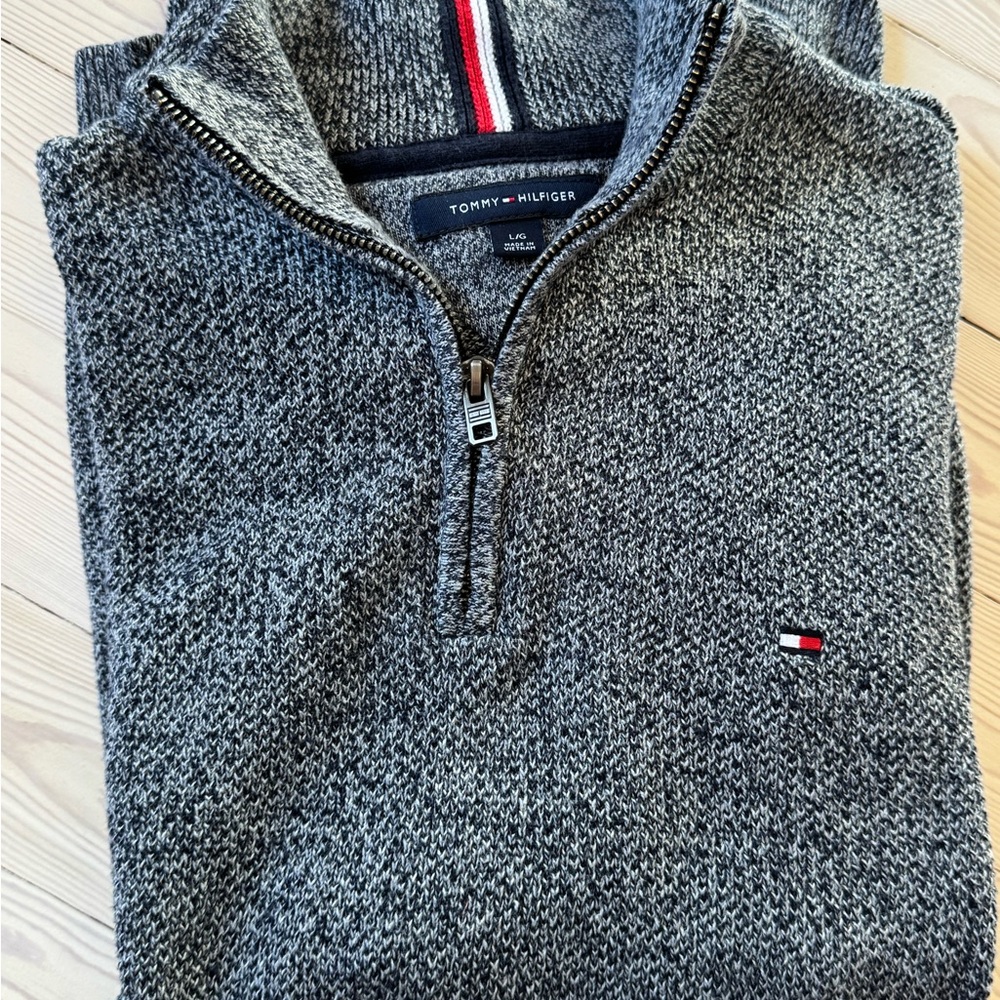 Tommy Hilfiger Gray Half-Zip Knit Sweater with Signature Flag